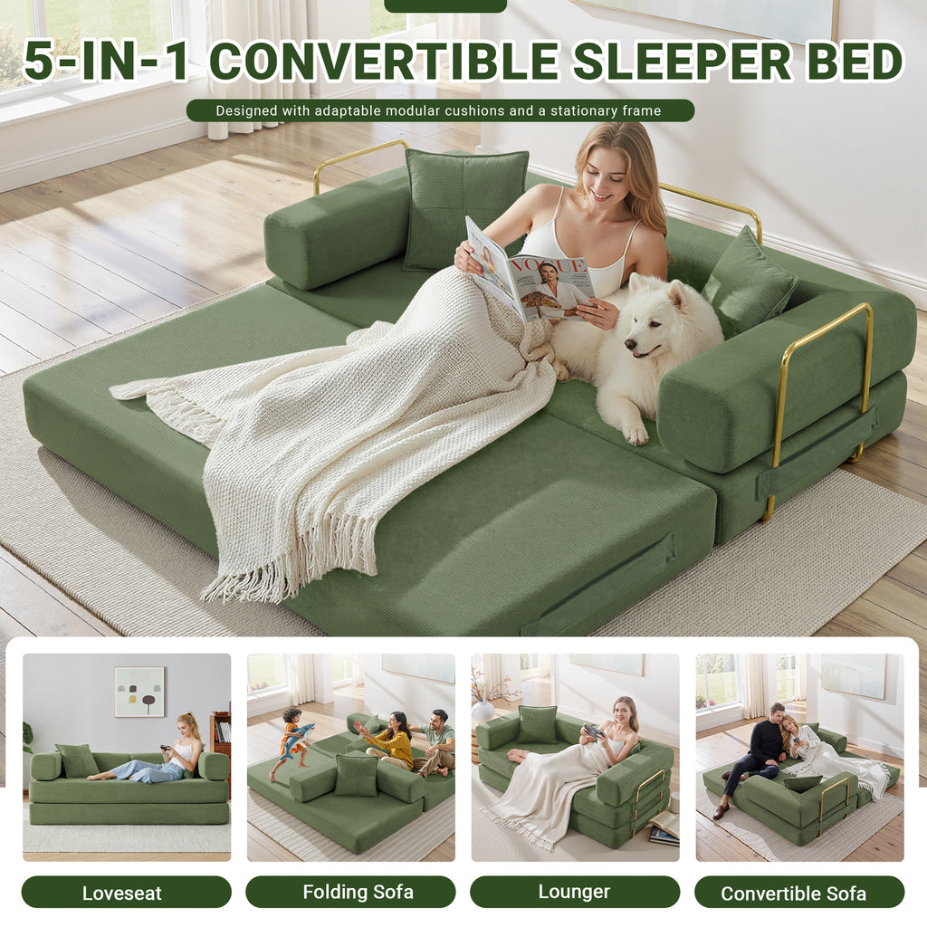 Vanress 79" Convertible Sofa Bed, Folding Sleeper Sofa Couch Bed with Fixed-Shape Frame, Fold Out Sleeper Loveseat, Corduroy Boneless Futon Bed, No Assembly Required for Living Room & Bedroom, Green
