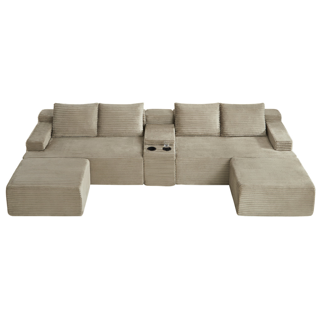 Vanress 140" Modular Sectional Sofa, Boneless Sofa Cloud Sofa for Living Room, Corduroy U Shaped Cloud Sectional Couch with Cupholders, Modern Deep Seat Modular Sofa, No Assembly, Camel