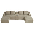 Vanress 140" Modular Sectional Sofa, Boneless Sofa Cloud Sofa for Living Room, Corduroy U Shaped Cloud Sectional Couch with Cupholders, Modern Deep Seat Modular Sofa, No Assembly, Camel