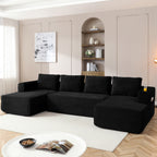 Vanress 132" Oversized Cloud Boneless Sofa Couch, Modern Corduroy U Shaped Modular Sectional Sofa with Deep Seat, Comfy Couch with Cupholders and Storage, for Living Room, No Assembly Required, Black