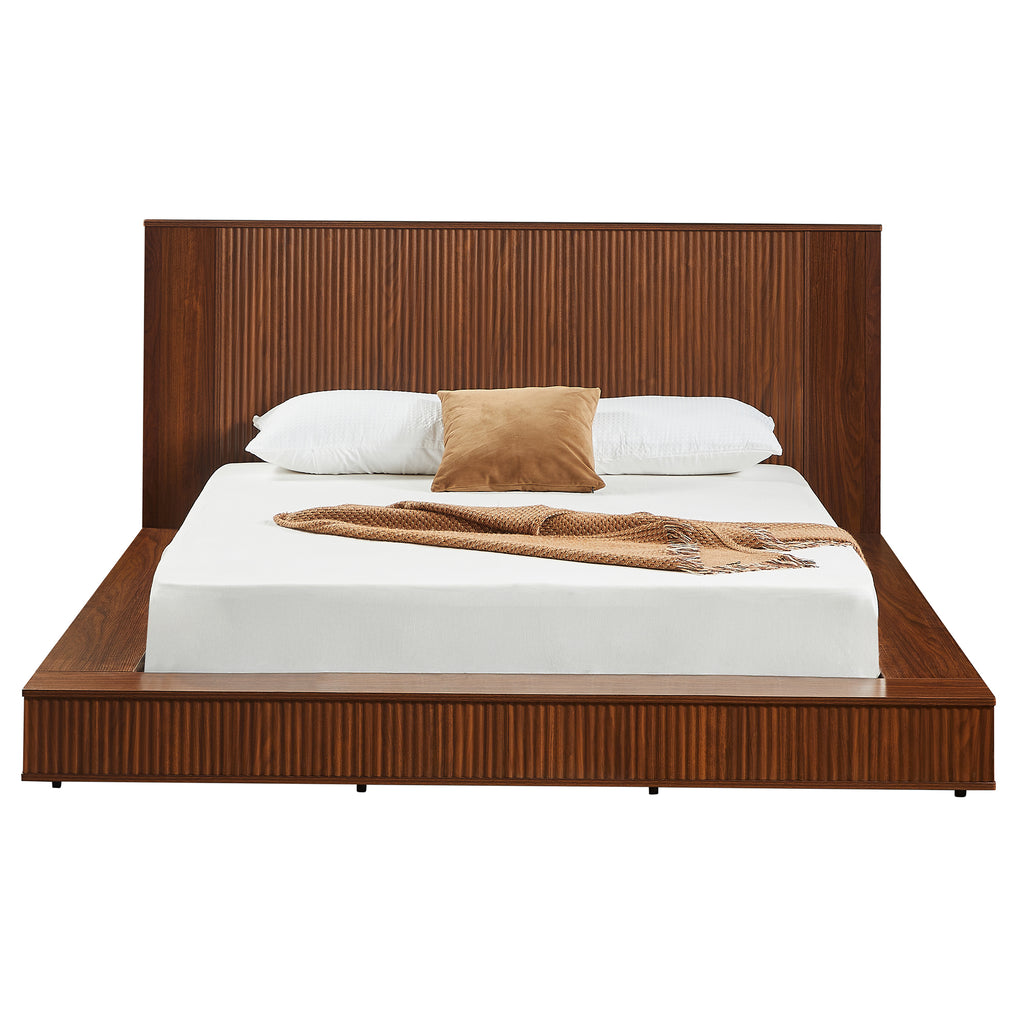 Vanress Queen Platform Bed Frame, Solid Walnut Wood with Vertical Fluted Headboard & Footboard, Modern Japandi Low-Profile Floor Bed, Sturdy Slat Support, No Box Spring Needed, Natural