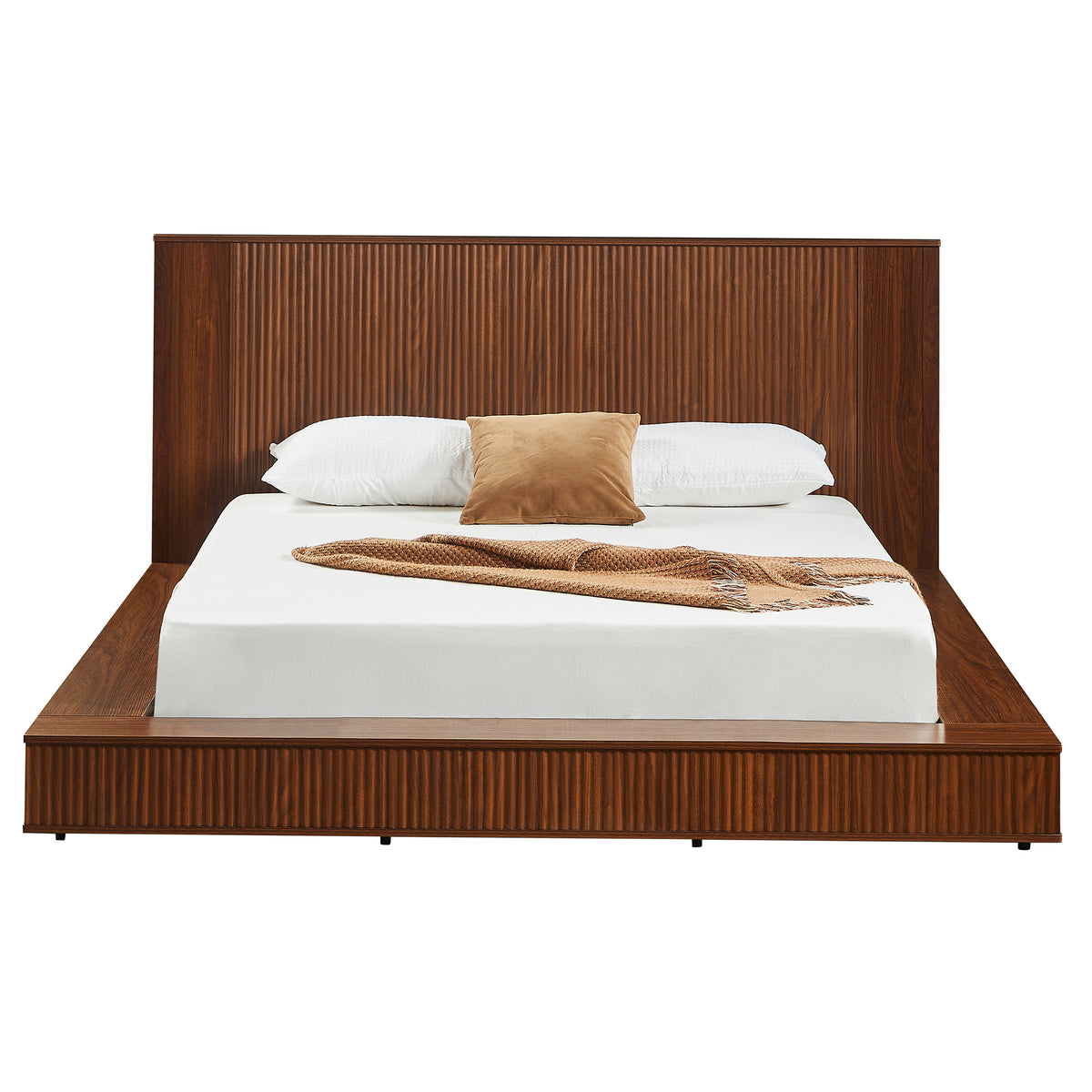 Vanress Queen Platform Bed Frame, Solid Walnut Wood with Vertical Fluted Headboard & Footboard, Modern Japandi Low-Profile Floor Bed, Sturdy Slat Support, No Box Spring Needed, Natural