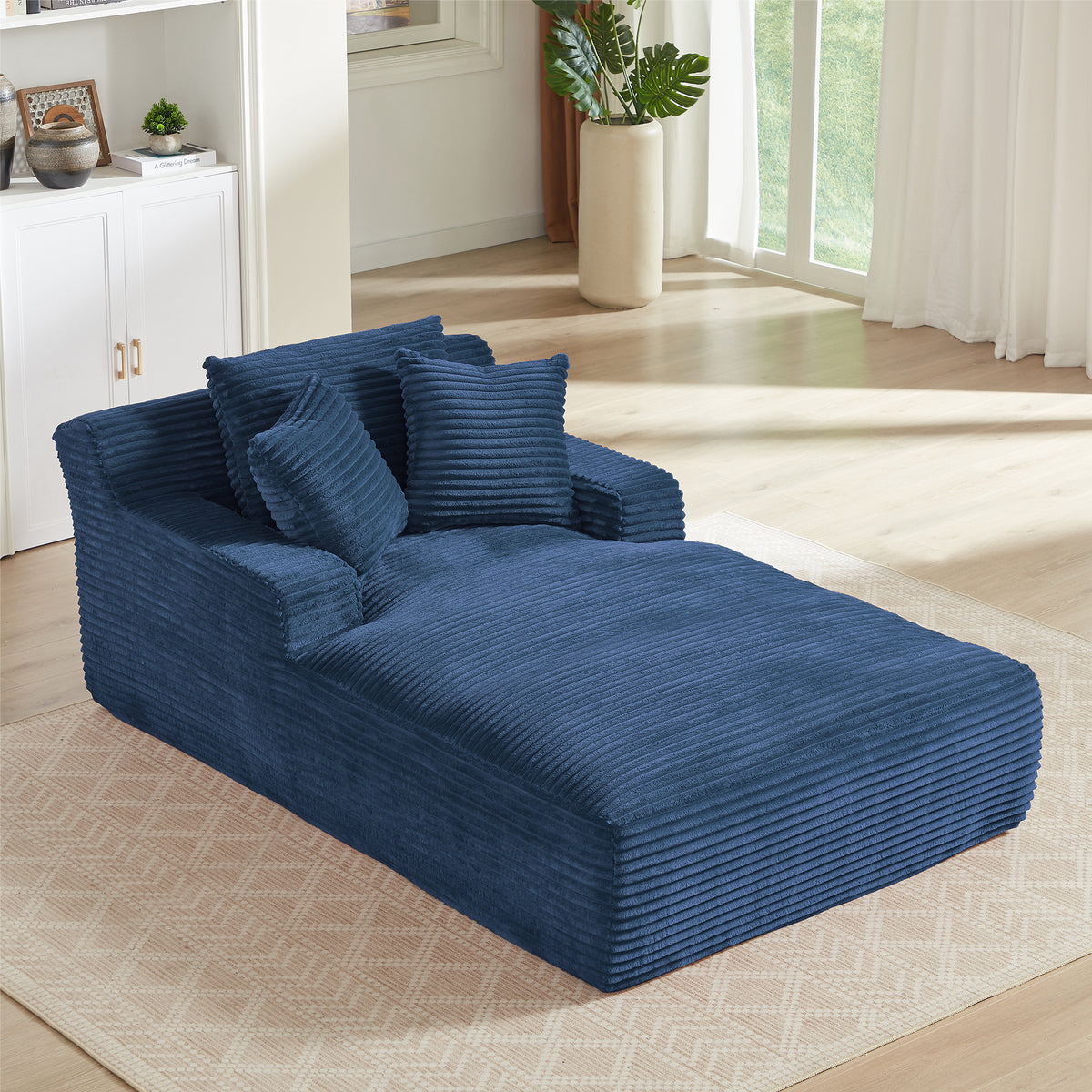 Vanress 78" Oversized Chaise Lounge Chair Indoor, Corduroy Upholstered Boneless Sofa Bed with 3 Pillows, Deep Seat Sleeper Couch, Cloud Sofas Couches for Living Room Bedroom, No Assembly Required, Blue