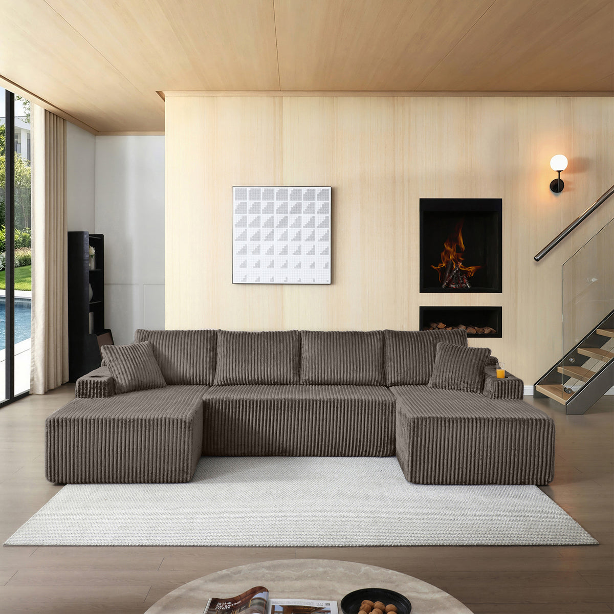 Vanress 132" Oversized Cloud Boneless Sofa Couch, Modern Corduroy U Shaped Modular Sectional Sofa with Deep Seat, Comfy Couch with Cupholders and Storage, for Living Room, No Assembly Required, Black