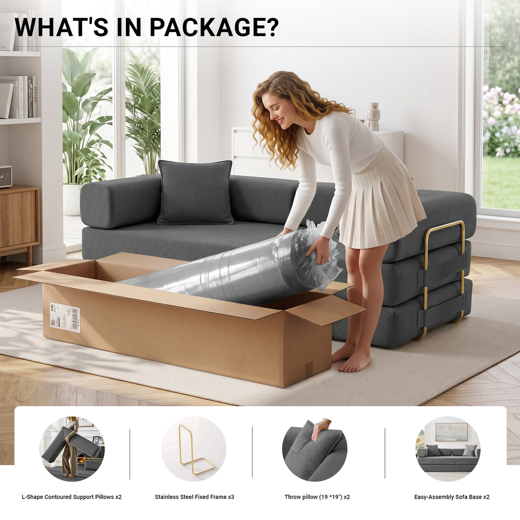 Vanress 78" Convertible Sofa Bed, Folding Sleeper Sofa Couch Bed with Fixed-Shape Frame, Pull-Out Sleeper Loveseat, Corduroy Boneless Futon Bed, No Assembly Required for Living Room & Bedroom, Green