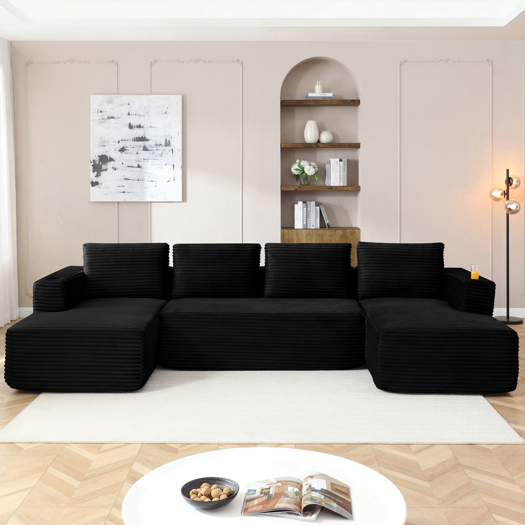 Vanress 132" Oversized Cloud Boneless Sofa Couch, Modern Corduroy U Shaped Modular Sectional Sofa with Deep Seat, Comfy Couch with Cupholders and Storage, for Living Room, No Assembly Required, Black