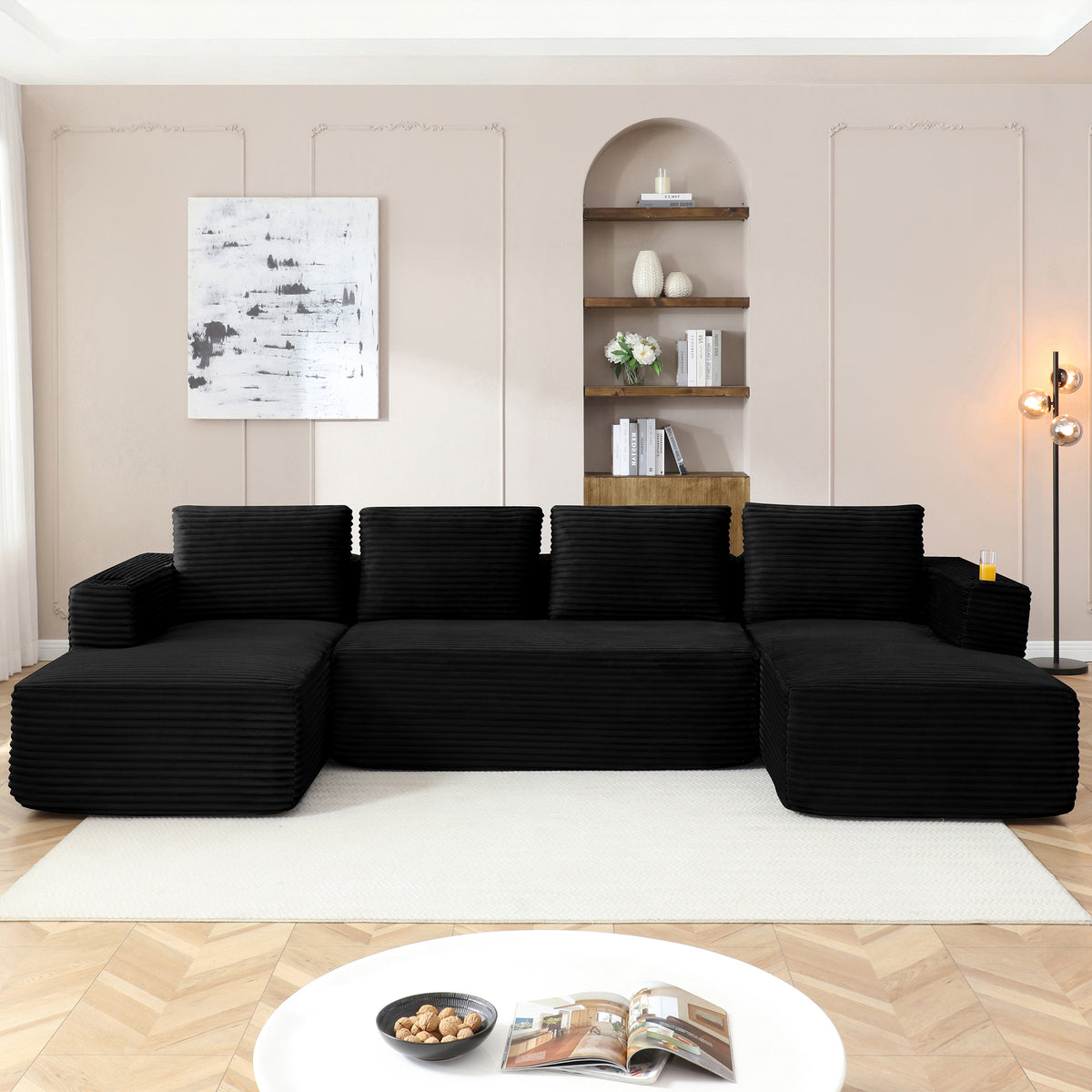 Vanress 132" Oversized Cloud Boneless Sofa Couch, Modern Corduroy U Shaped Modular Sectional Sofa with Deep Seat, Comfy Couch with Cupholders and Storage, for Living Room, No Assembly Required, Black
