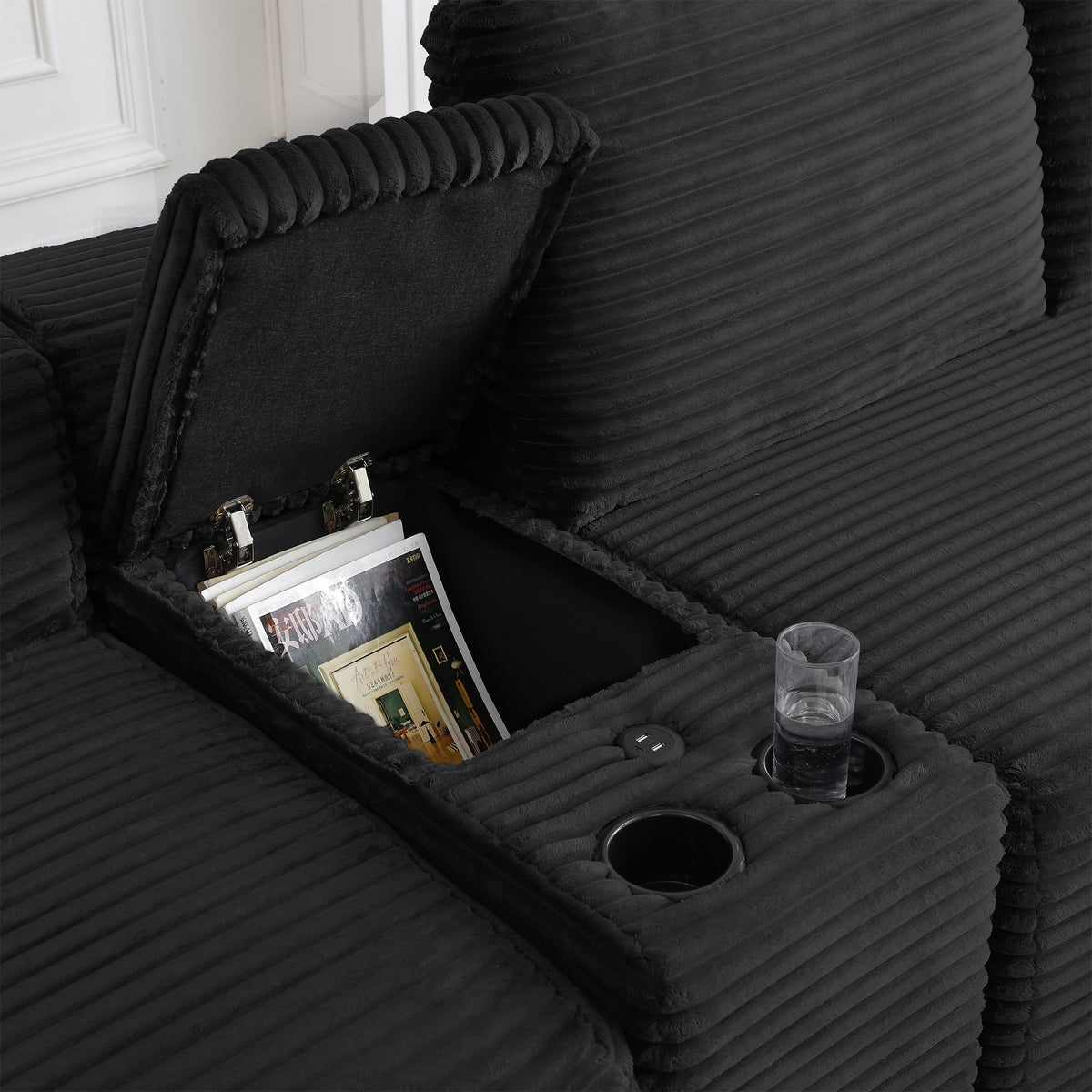 Vanress 150" Modular Sectional Sofa Couch for Living Room, Corduroy Boneless Sofas, Oversized Modern Cloud Couch, U Shape Couches Deep Seat with USB Ports and Cup Holders, Black