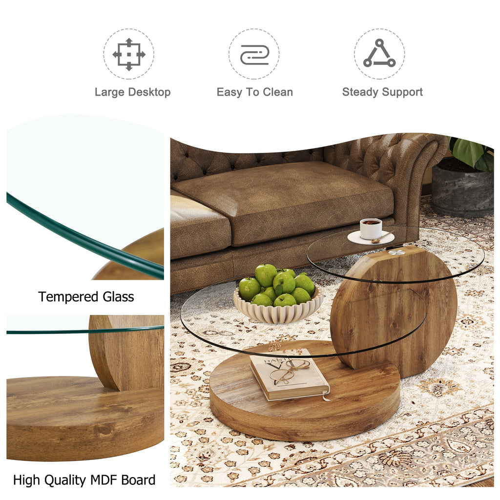 Vanress 42" Glass Coffee Table, Round Coffee Table, Modern Double Layer Round Glass Coffee Table for Living Room