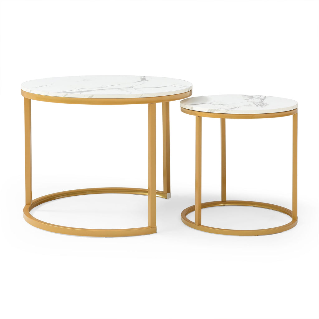 Vanress Nesting Coffee Table Set of 2, 23.6" Round Coffee Table Marble Pattern Wooden Tables with Sturdy Metal Frame, Industrial End Table Side Tables for Living Room Bedroom Balcony YarAd