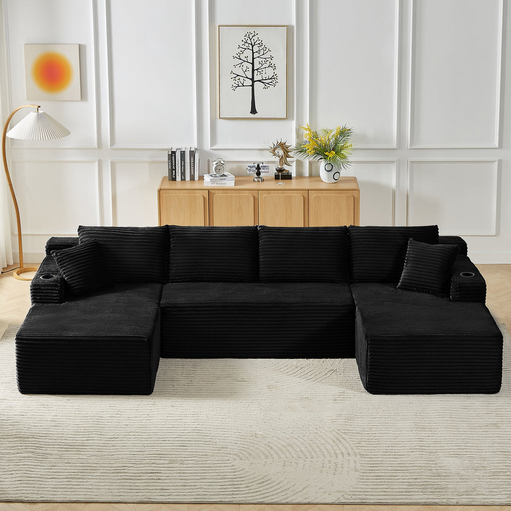Vanress 125" Modular Sectional Sofa Couch, Modern Corduroy Cloud Couch with Cupholders and Storage, Deep Seat U Shape Sofa Boneless Couches for Living Room, No Assembly Required