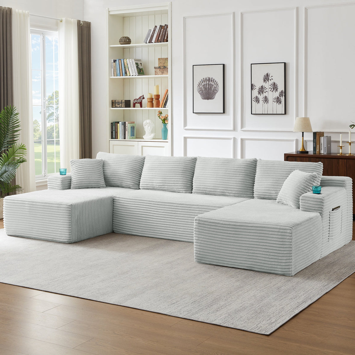 Vanress 125" Modular Sectional Sofa Couch, Modern Corduroy Cloud Couch with Cupholders and Storage, Deep Seat U Shape Sofa Boneless Couches for Living Room, No Assembly Required