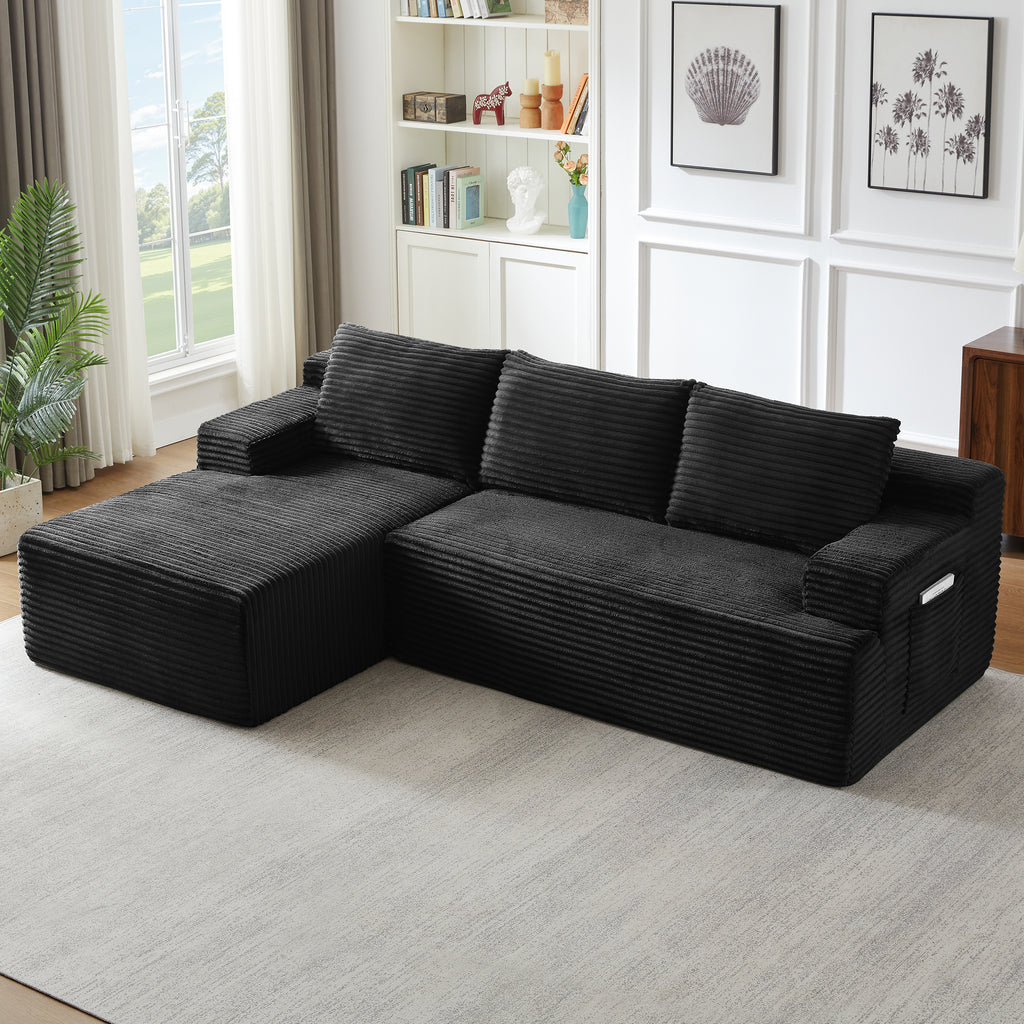 Vanress 96 Inch Modular Sectional Couches for Living Room, Modern Boneless Sofa, Upholstered Deep Seat Cloud Couch, Corduroy Comfy L-Shape Sofas Couches, No Assembly Required, Black (Left Facing Chaise)