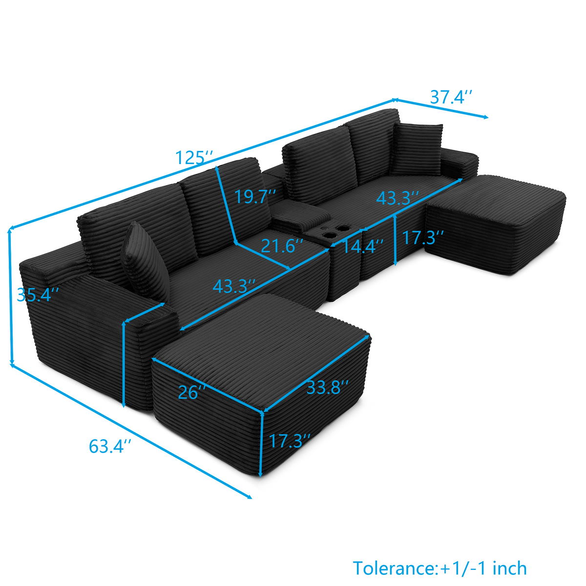 Vanress 150" Modular Sectional Sofa Couch for Living Room, Corduroy Boneless Sofas, Oversized Modern Cloud Couch, U Shape Couches Deep Seat with USB Ports and Cup Holders, Black