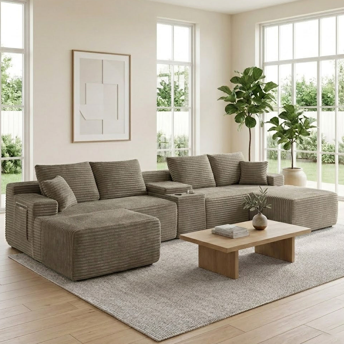 Vanress 140" Modular Sectional Sofa, Boneless Sofa Cloud Sofa for Living Room, Corduroy U Shaped Cloud Sectional Couch with Cupholders, Modern Deep Seat Modular Sofa, No Assembly, Camel