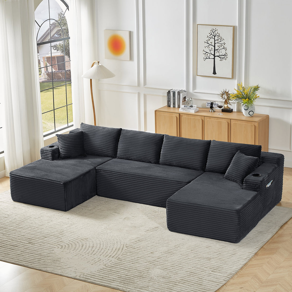 Vanress 125" Modular Sectional Sofa Couch, Modern Corduroy Cloud Couch with Cupholders and Storage, Deep Seat U Shape Sofa Boneless Couches for Living Room, No Assembly Required