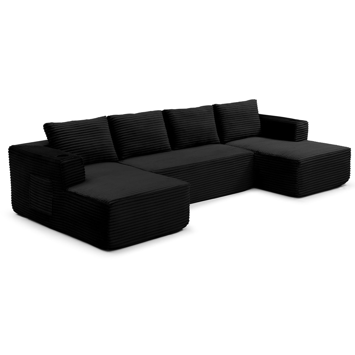 Vanress 132" Oversized Cloud Boneless Sofa Couch, Modern Corduroy U Shaped Modular Sectional Sofa with Deep Seat, Comfy Couch with Cupholders and Storage, for Living Room, No Assembly Required, Black