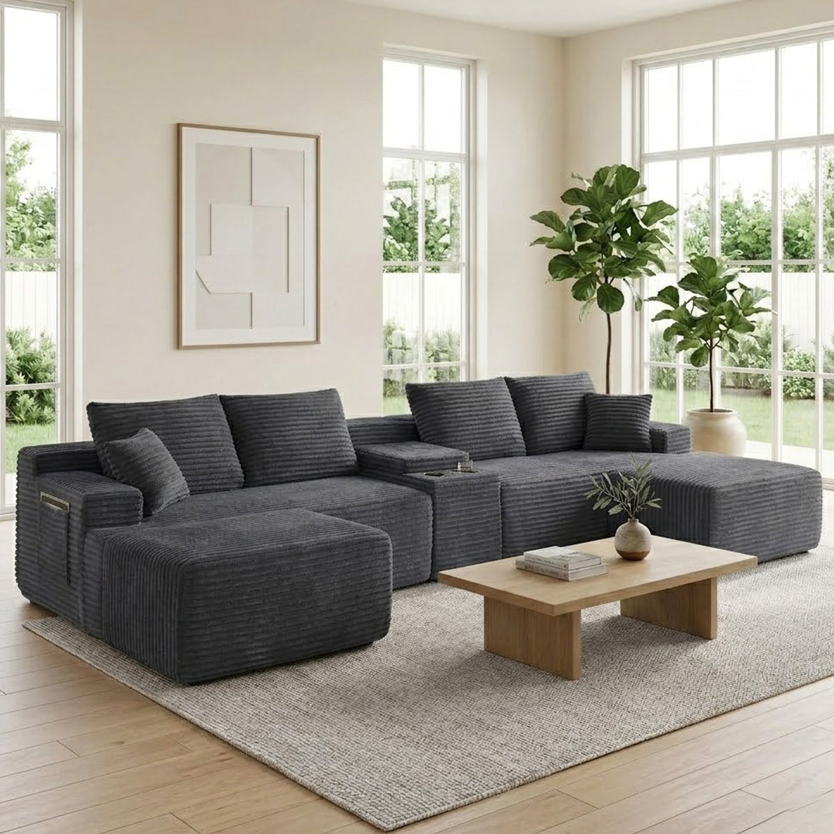Vanress 140" Modular Sectional Sofa, Boneless Sofa Cloud Sofa for Living Room, Corduroy U Shaped Cloud Sectional Couch with Cupholders, Modern Deep Seat Modular Sofa, No Assembly, Camel