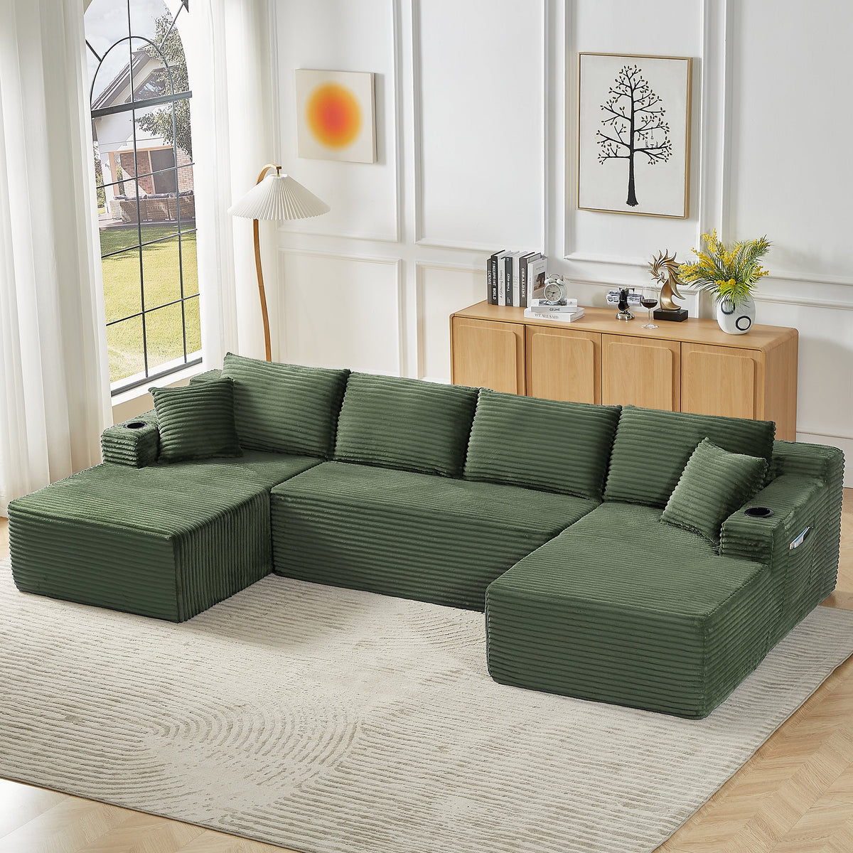 Vanress 125" Modular Sectional Sofa Couch, Modern Corduroy Cloud Couch with Cupholders and Storage, Deep Seat U Shape Sofa Boneless Couches for Living Room, No Assembly Required