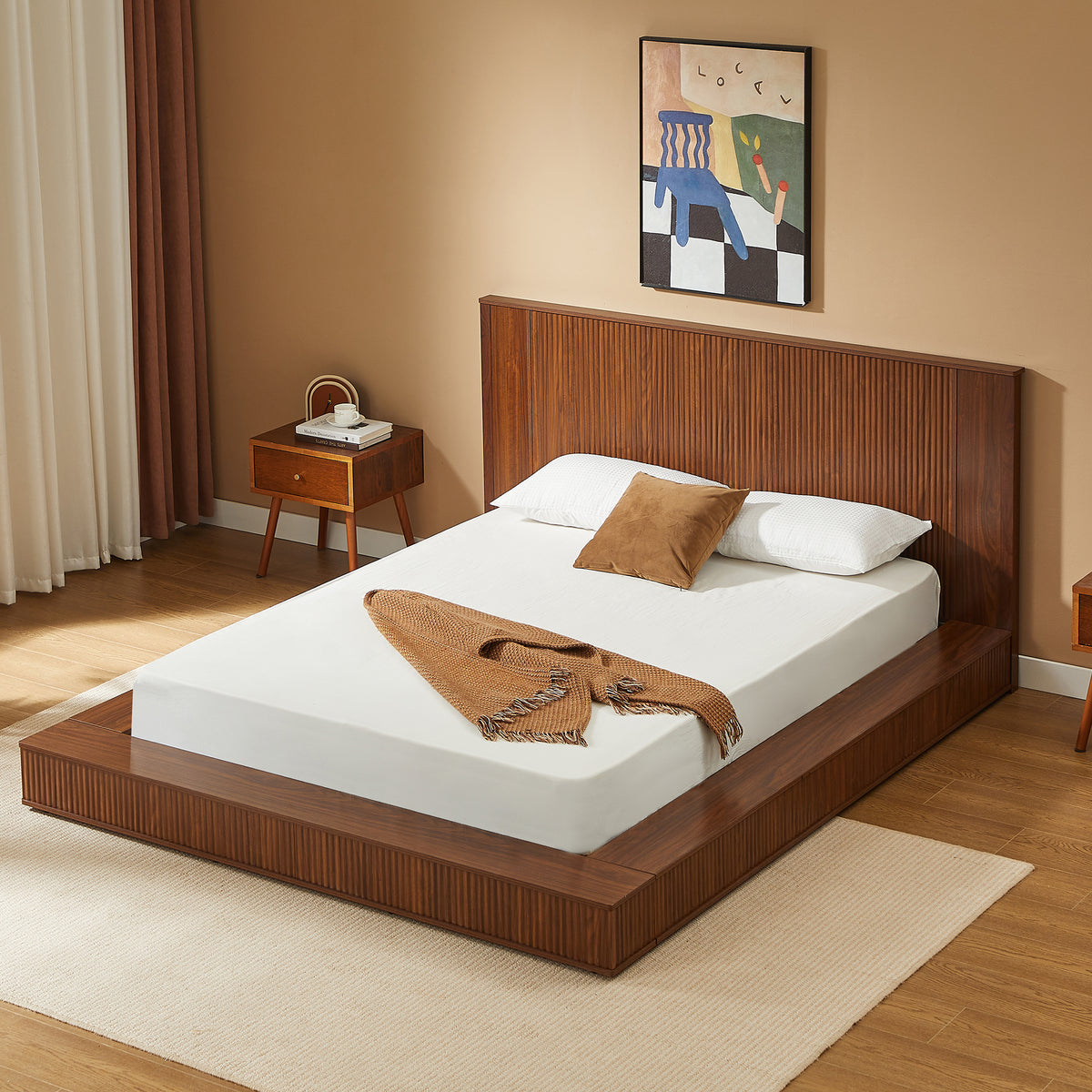 Vanress Queen Platform Bed Frame, Solid Walnut Wood with Vertical Fluted Headboard & Footboard, Modern Japandi Low-Profile Floor Bed, Sturdy Slat Support, No Box Spring Needed, Natural