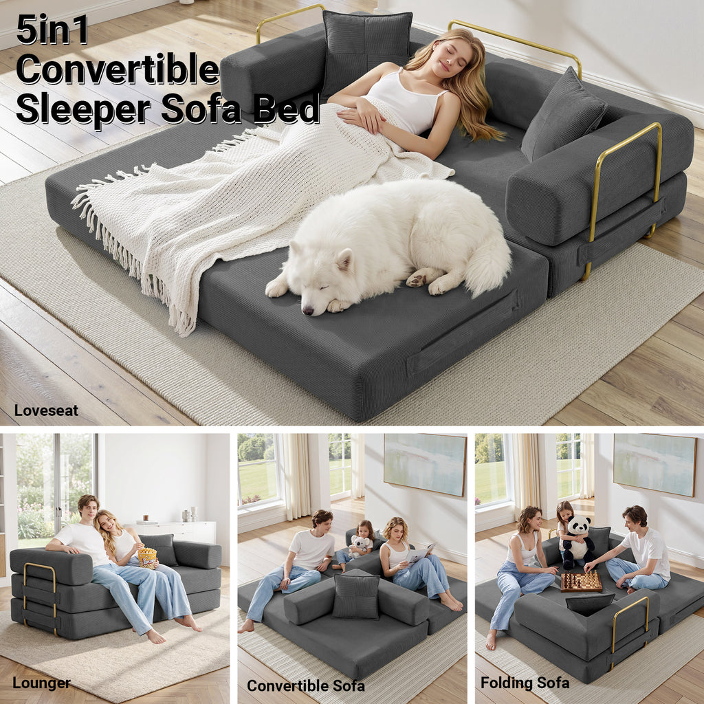 Vanress 78" Convertible Sofa Bed, Folding Sleeper Sofa Couch Bed with Fixed-Shape Frame, Pull-Out Sleeper Loveseat, Corduroy Boneless Futon Bed, No Assembly Required for Living Room & Bedroom, Green
