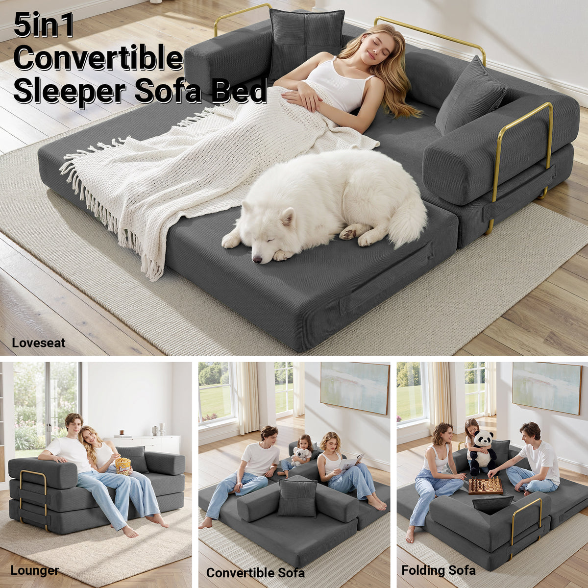 Vanress 78" Convertible Sofa Bed, Folding Sleeper Sofa Couch Bed with Fixed-Shape Frame, Pull-Out Sleeper Loveseat, Corduroy Boneless Futon Bed, No Assembly Required for Living Room & Bedroom, Green