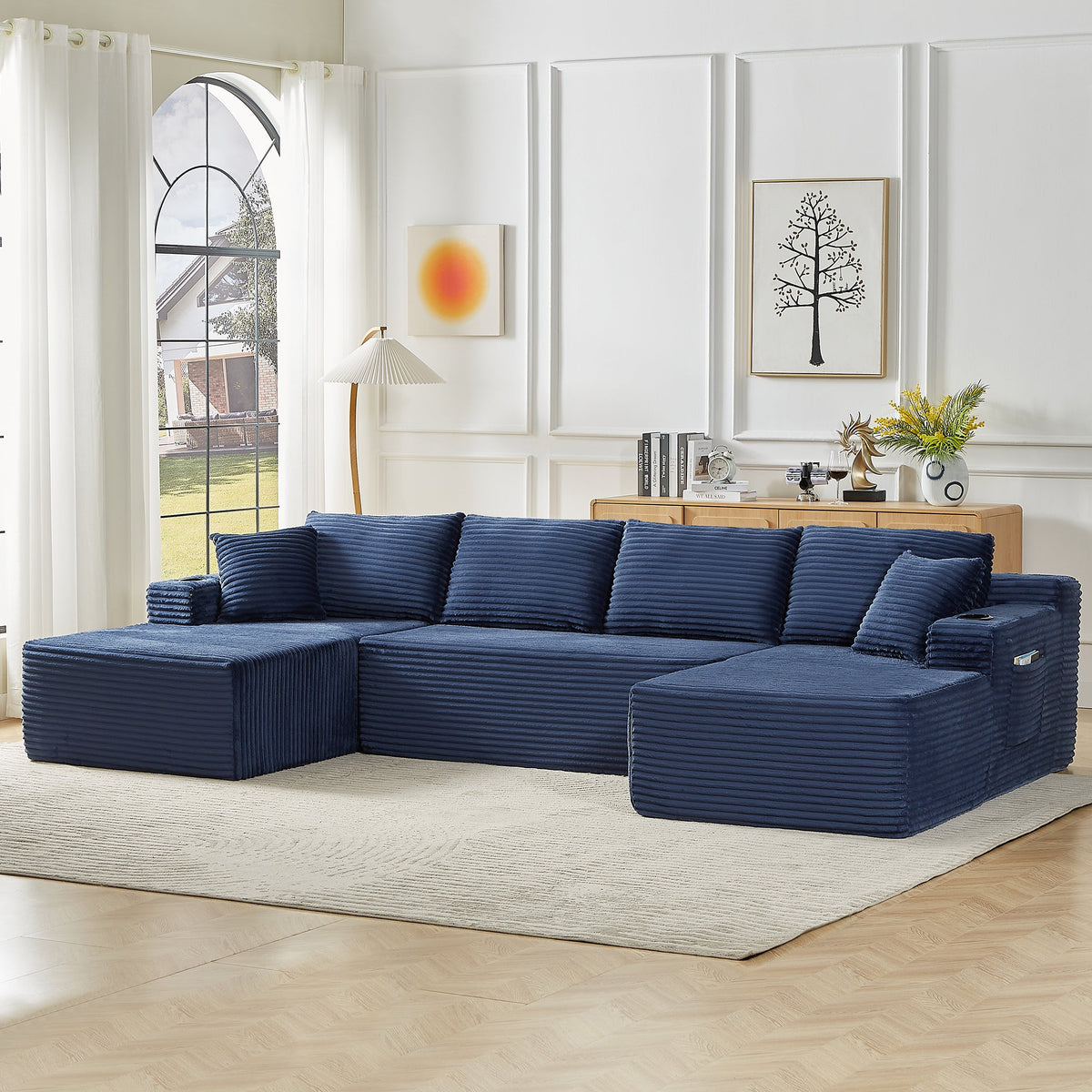 Vanress 125" Modular Sectional Sofa Couch, Modern Corduroy Cloud Couch with Cupholders and Storage, Deep Seat U Shape Sofa Boneless Couches for Living Room, No Assembly Required