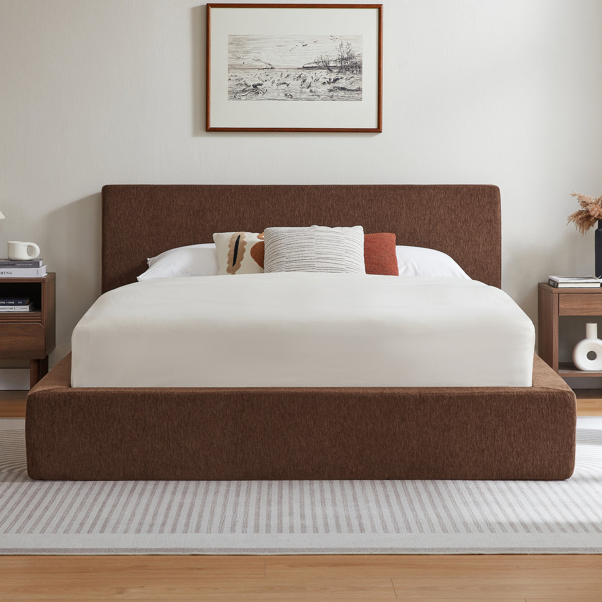 Vanress AirFrame Queen Size Bed Frame with Headboard, Cloud Upholstered Platform Bed Frame, 4.7 Inch Foam Cushioned, No Box Spring, Easy Assembly, Brown