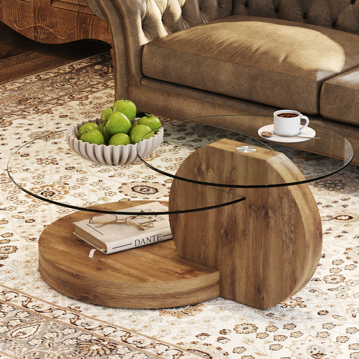 Vanress 42" Glass Coffee Table, Round Coffee Table, Modern Double Layer Round Glass Coffee Table for Living Room