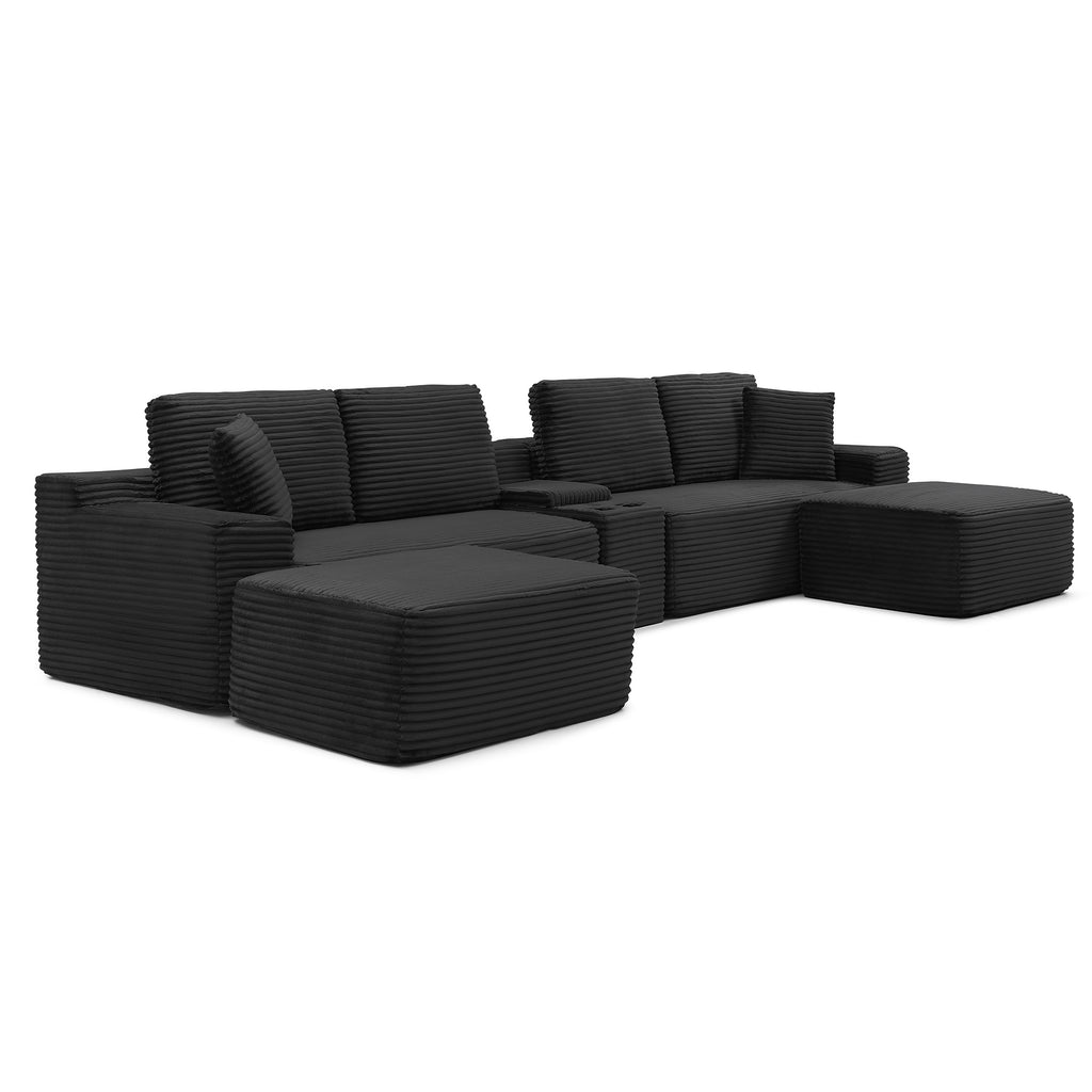 Vanress 150" Modular Sectional Sofa Couch for Living Room, Corduroy Boneless Sofas, Oversized Modern Cloud Couch, U Shape Couches Deep Seat with USB Ports and Cup Holders, Black