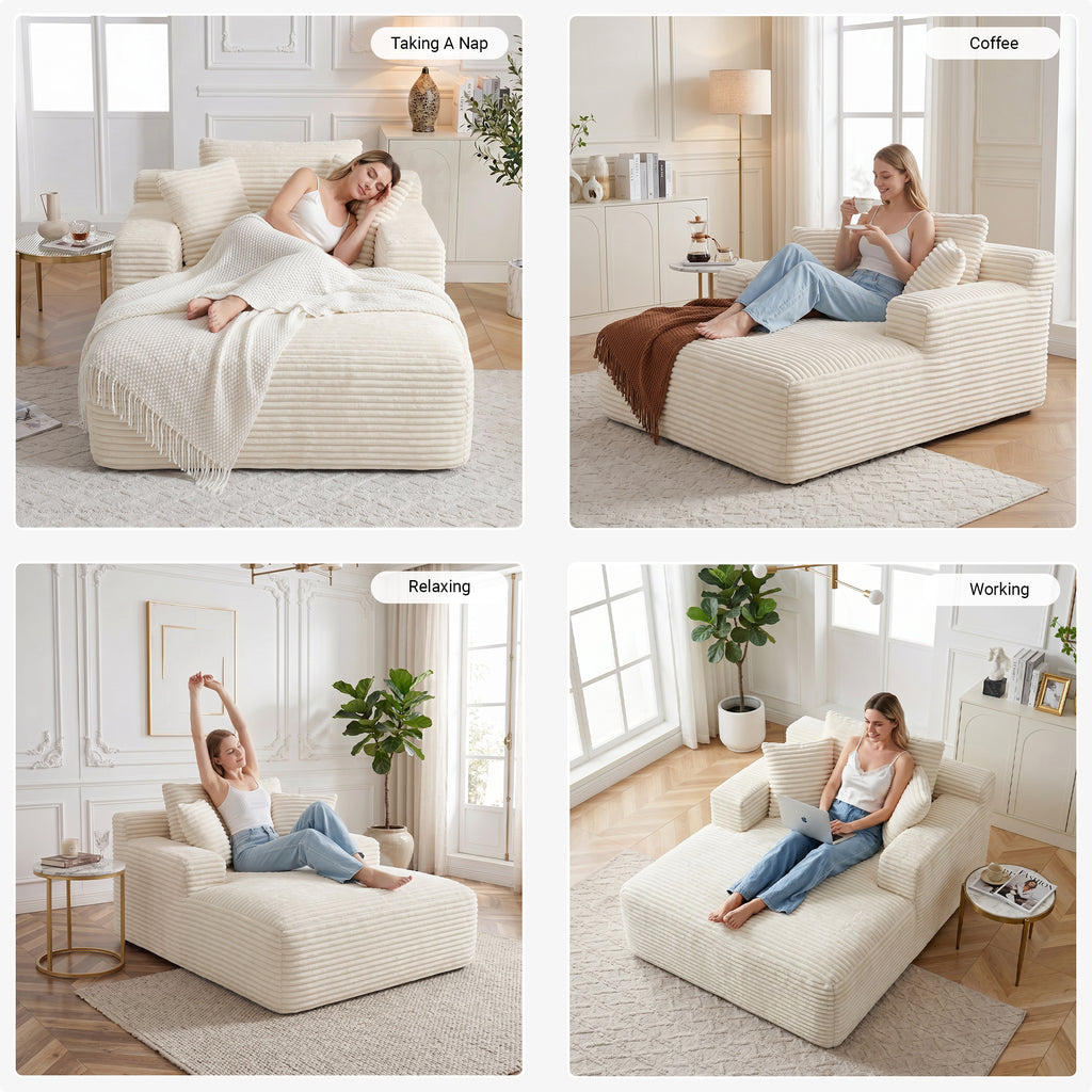 Vanress 66" Chaise Lounge Chair Indoor, Oversized Corduroy Upholstered Boneless Sofa, Deep Seat Reading Chairs Sleeper Couch, Cloud Sofas Couches for Living Room Bedroom, No Assembly Required, White