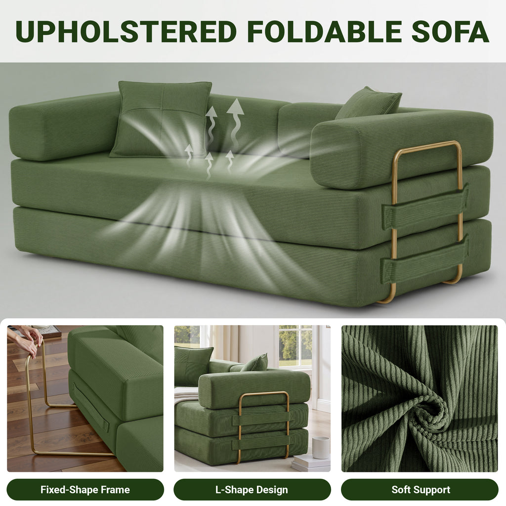 Vanress 79" Convertible Sofa Bed, Folding Sleeper Sofa Couch Bed with Fixed-Shape Frame, Fold Out Sleeper Loveseat, Corduroy Boneless Futon Bed, No Assembly Required for Living Room & Bedroom, Green