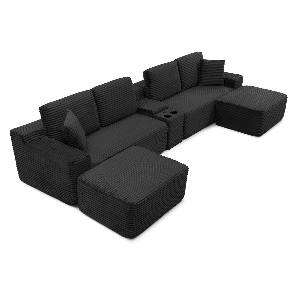 Vanress 150" Modular Sectional Sofa Couch for Living Room, Corduroy Boneless Sofas, Oversized Modern Cloud Couch, U Shape Couches Deep Seat with USB Ports and Cup Holders, Black