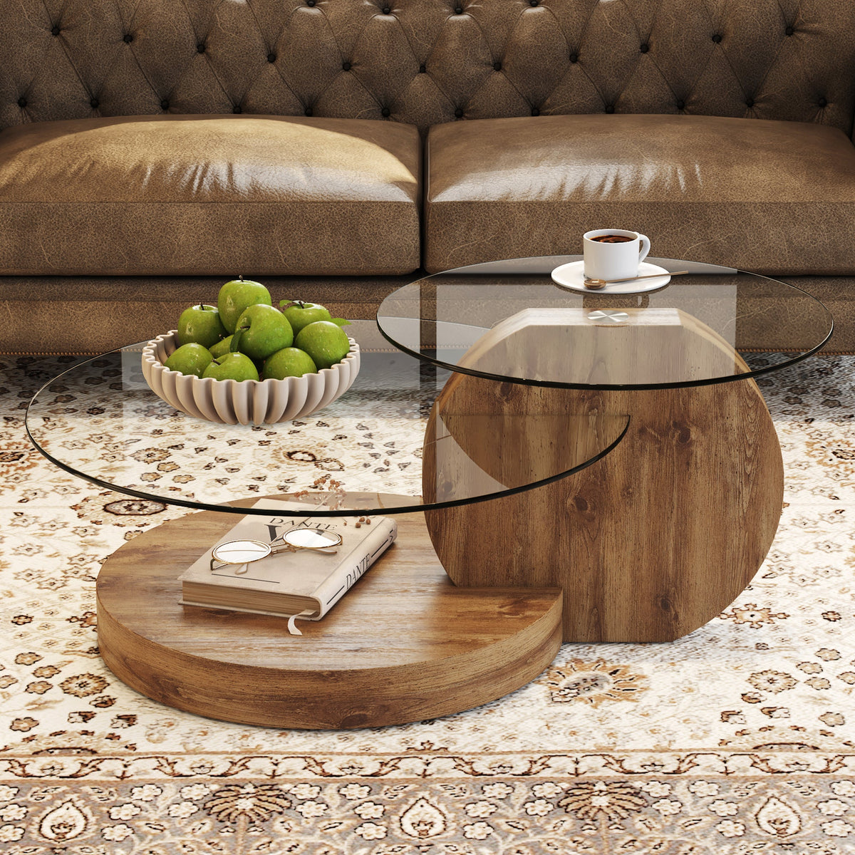 Vanress 42" Glass Coffee Table, Round Coffee Table, Modern Double Layer Round Glass Coffee Table for Living Room