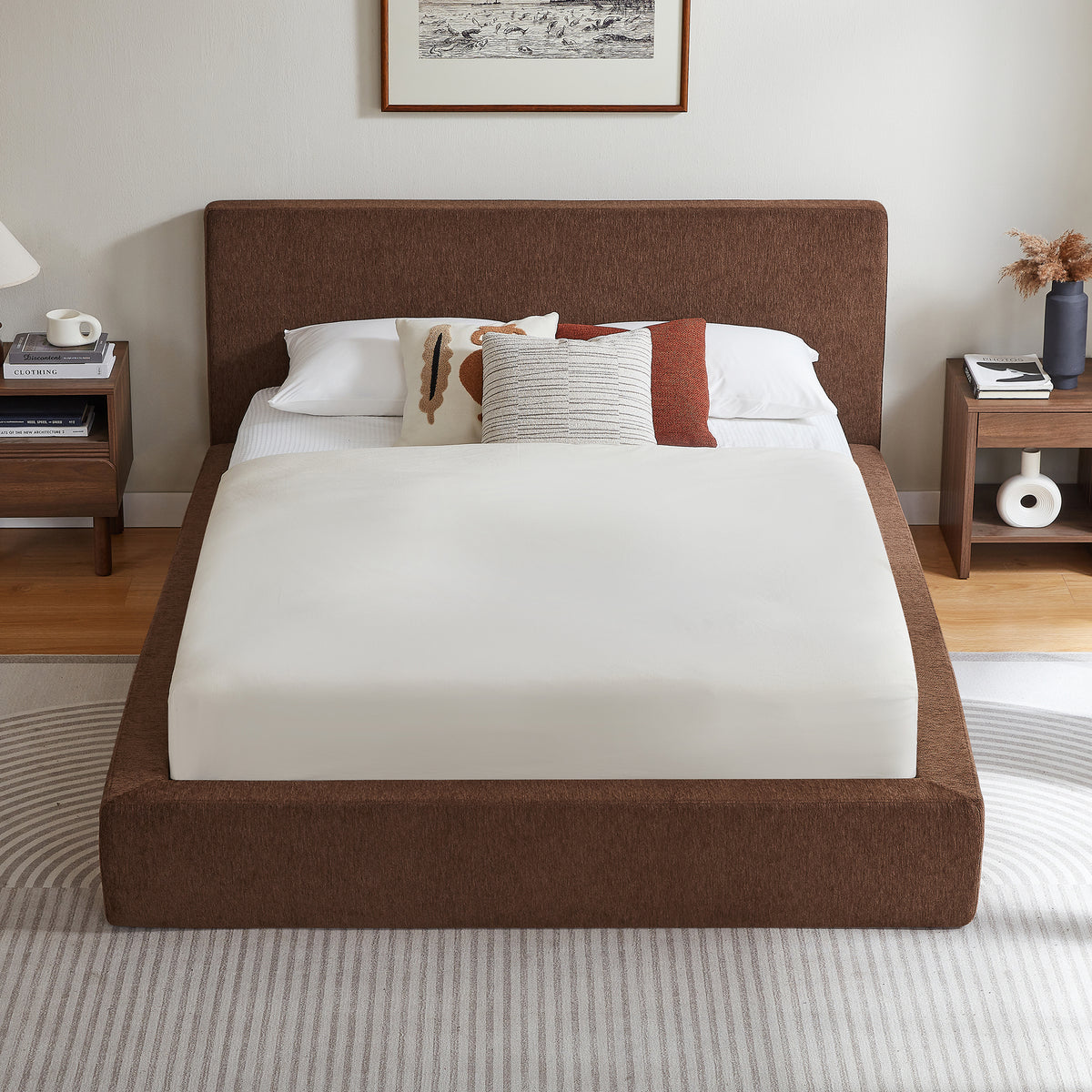Vanress AirFrame Queen Size Bed Frame with Headboard, Cloud Upholstered Platform Bed Frame, 4.7 Inch Foam Cushioned, No Box Spring, Easy Assembly, Brown