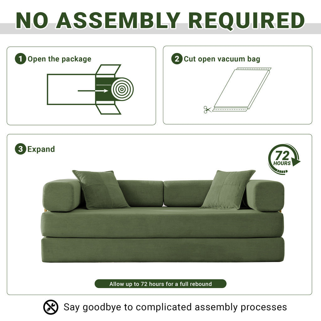 Vanress 79" Convertible Sofa Bed, Folding Sleeper Sofa Couch Bed with Fixed-Shape Frame, Fold Out Sleeper Loveseat, Corduroy Boneless Futon Bed, No Assembly Required for Living Room & Bedroom, Green