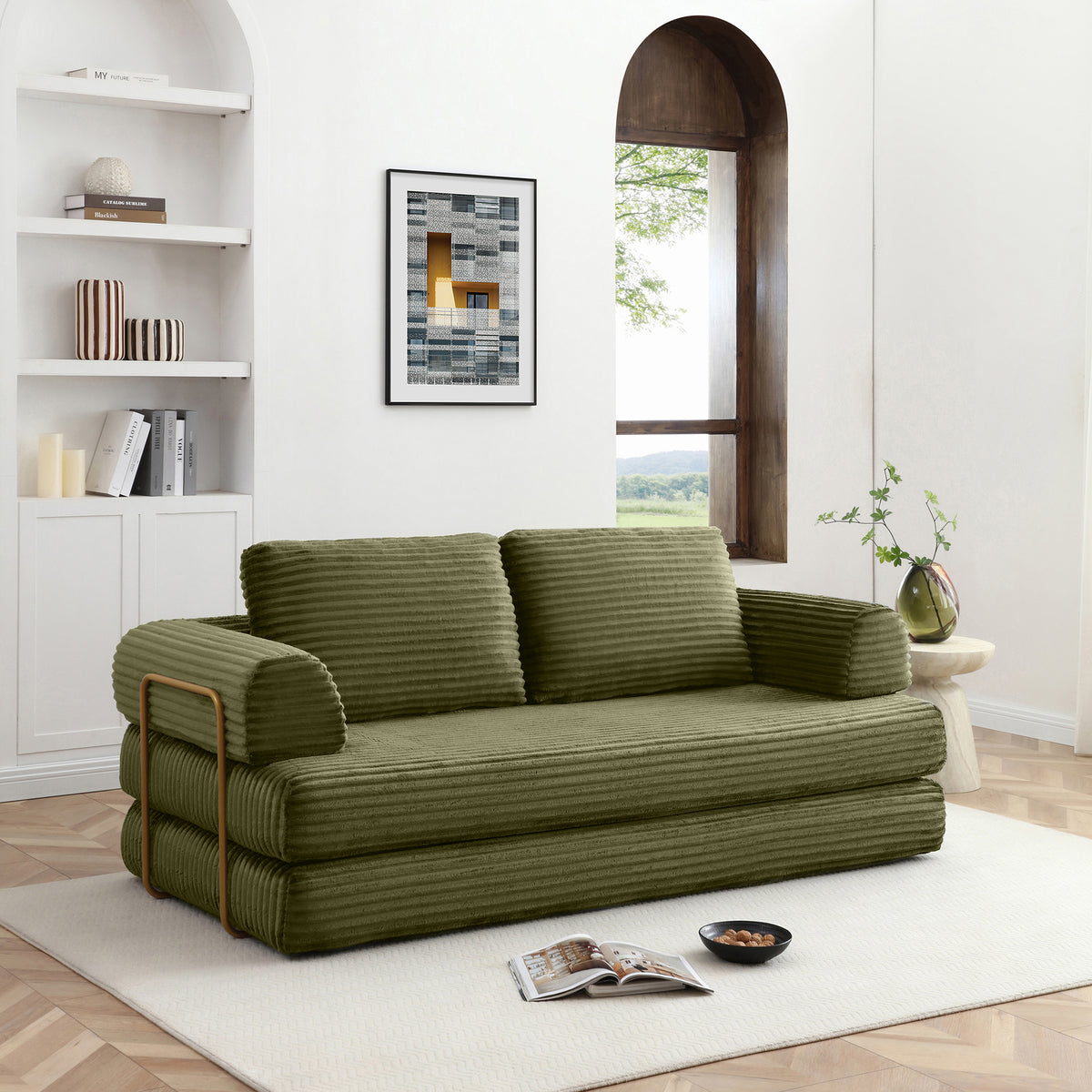 Vanress 79" Folding Convertible Sofa Bed, Boneless Couch with Fixed-Shape Frame, Corduroy Loveseat Sleeper with Pull Out Bed, Floor Sofa Modular Futon Couch for Living Room Bedroom, Green