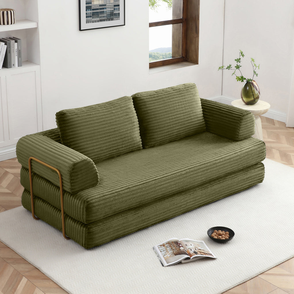 Vanress 79" Folding Convertible Sofa Bed, Boneless Couch with Fixed-Shape Frame, Corduroy Loveseat Sleeper with Pull Out Bed, Floor Sofa Modular Futon Couch for Living Room Bedroom, Green