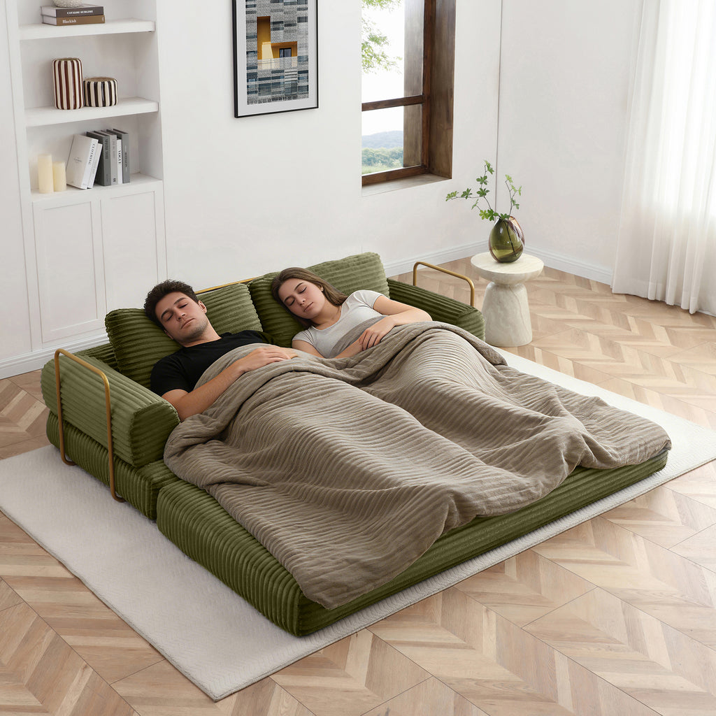 Vanress 79" Folding Convertible Sofa Bed, Boneless Couch with Fixed-Shape Frame, Corduroy Loveseat Sleeper with Pull Out Bed, Floor Sofa Modular Futon Couch for Living Room Bedroom, Green