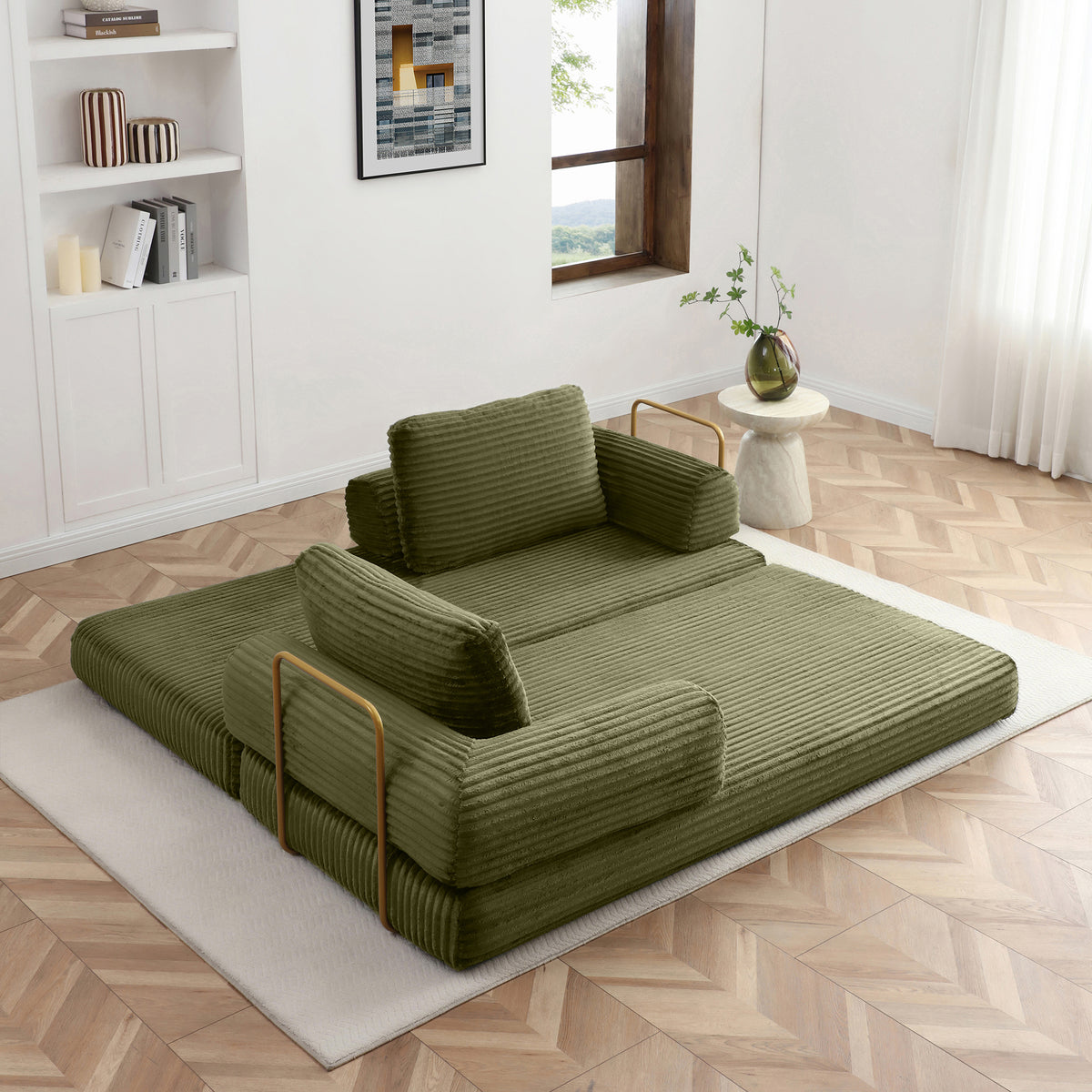 Vanress 79" Folding Convertible Sofa Bed, Boneless Couch with Fixed-Shape Frame, Corduroy Loveseat Sleeper with Pull Out Bed, Floor Sofa Modular Futon Couch for Living Room Bedroom, Green