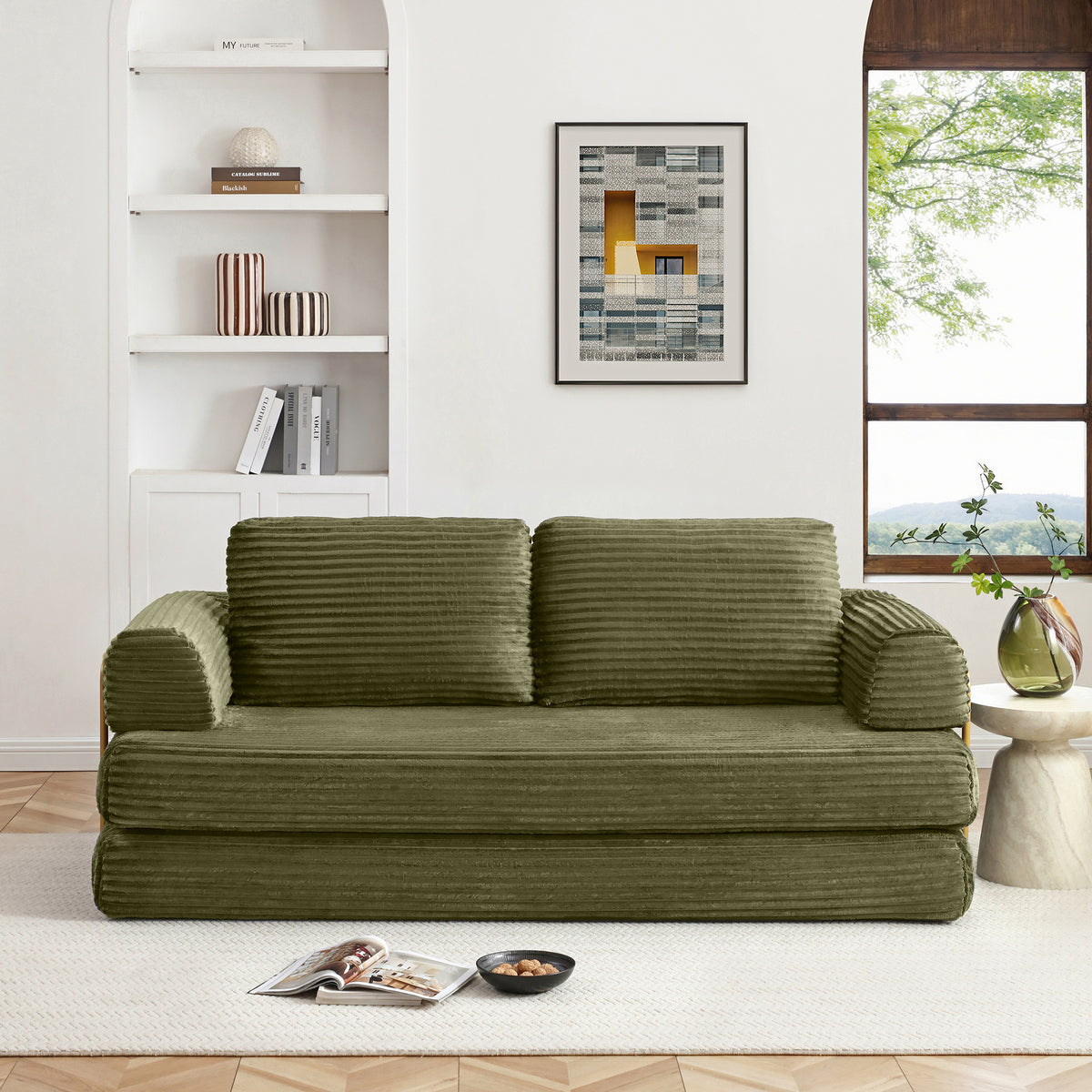 Vanress 79" Folding Convertible Sofa Bed, Boneless Couch with Fixed-Shape Frame, Corduroy Loveseat Sleeper with Pull Out Bed, Floor Sofa Modular Futon Couch for Living Room Bedroom, Green