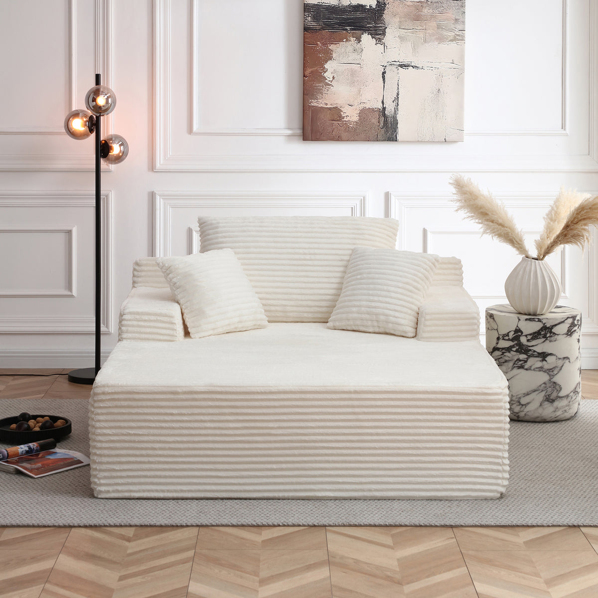 Vanress 56" W Chaise Lounge Chair Indoor, Oversized Corduroy Upholstered Boneless Sofa, Deep Seat Reading Chairs Sleeper Couch, Cloud Sofas Couches for Living Room Bedroom, No Assembly, White