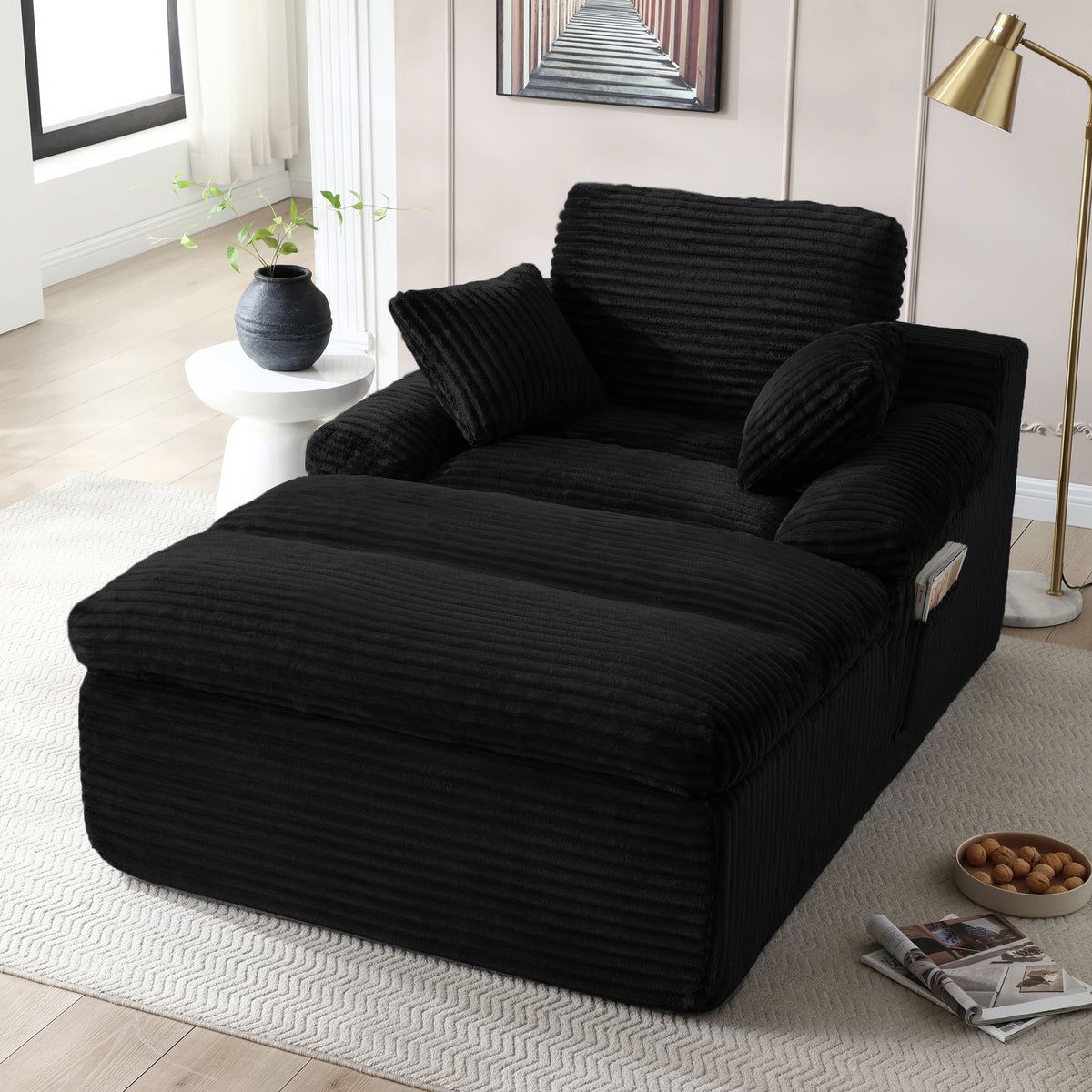 Vanress 70" Chaise Lounge Chair Indoor, Oversized Corduroy Upholstered Boneless Sofa, Deep Seat Reading Chairs Sleeper Couch, Cloud Sofas Couches for Living Room Bedroom, No Assembly, Black