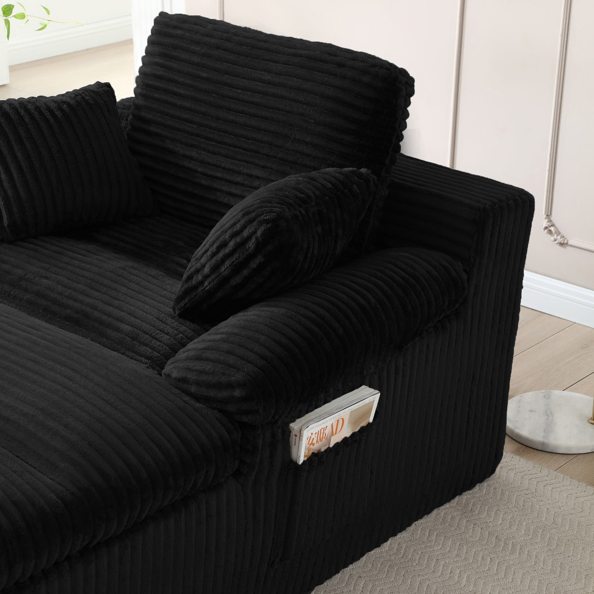 Vanress 70" Chaise Lounge Chair Indoor, Oversized Corduroy Upholstered Boneless Sofa, Deep Seat Reading Chairs Sleeper Couch, Cloud Sofas Couches for Living Room Bedroom, No Assembly, Black