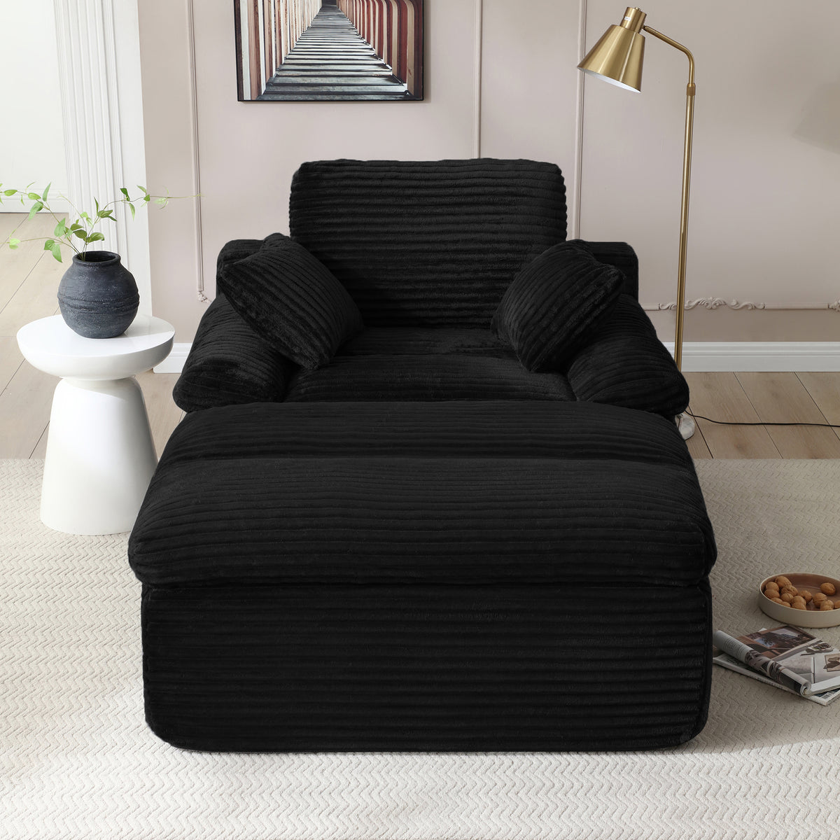 Vanress 70" Chaise Lounge Chair Indoor, Oversized Corduroy Upholstered Boneless Sofa, Deep Seat Reading Chairs Sleeper Couch, Cloud Sofas Couches for Living Room Bedroom, No Assembly, Black