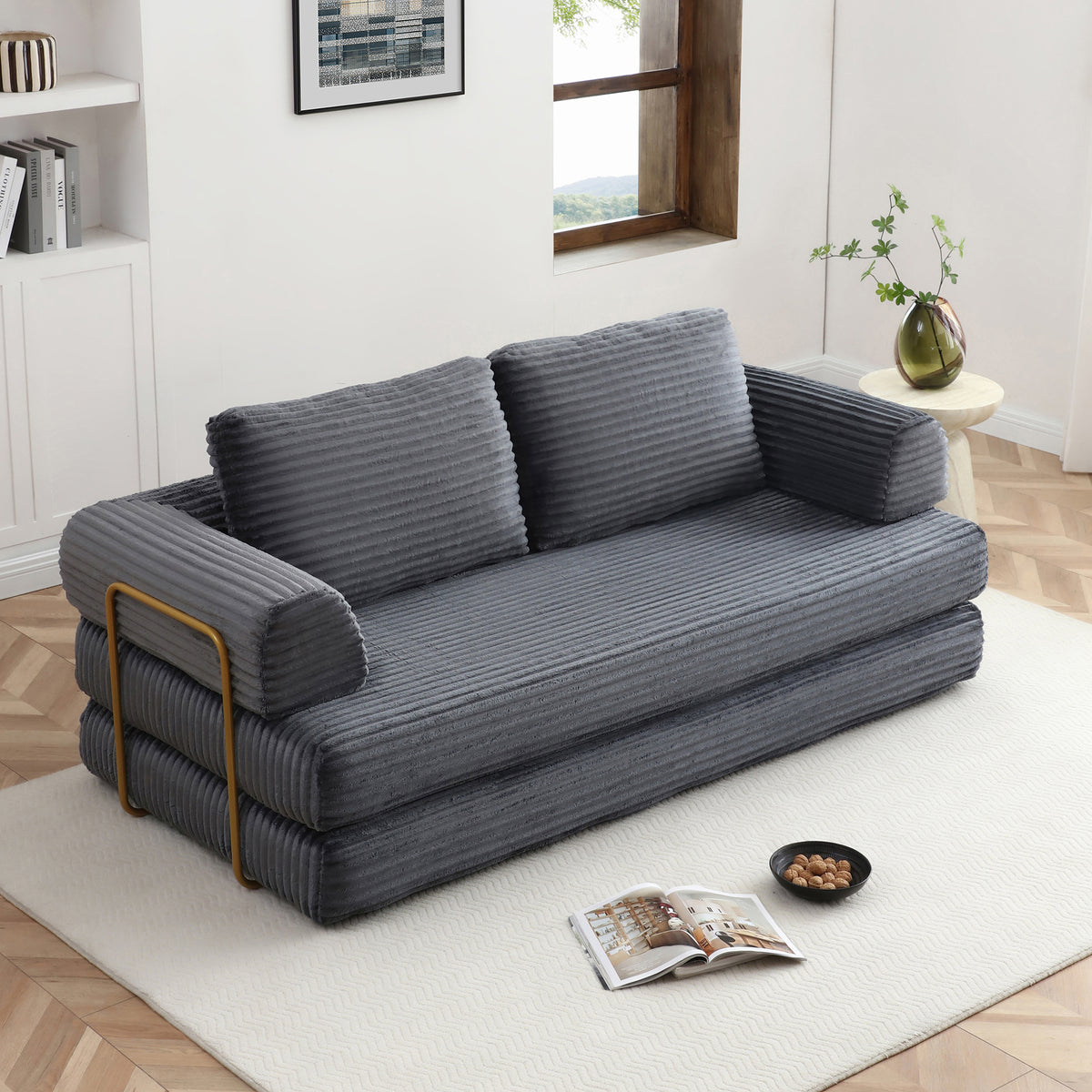 Vanress 79" Folding Convertible Sofa Bed, Boneless Couch with Fixed-Shape Frame, Corduroy Loveseat Sleeper with Pull Out Bed, Floor Sofa Modular Futon Couch for Living Room Bedroom, Green