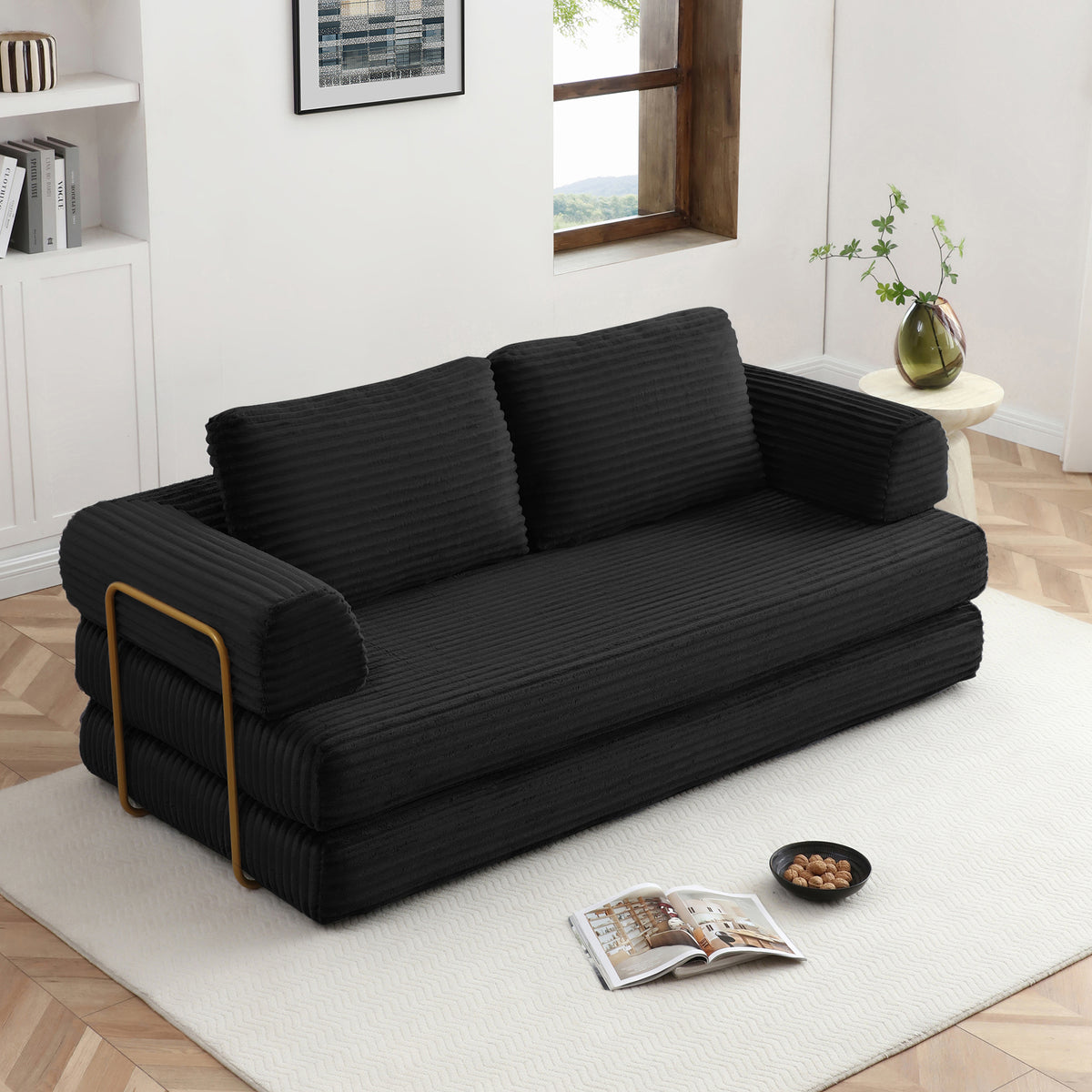 Vanress 79" Folding Convertible Sofa Bed, Boneless Couch with Fixed-Shape Frame, Corduroy Loveseat Sleeper with Pull Out Bed, Floor Sofa Modular Futon Couch for Living Room Bedroom, Green