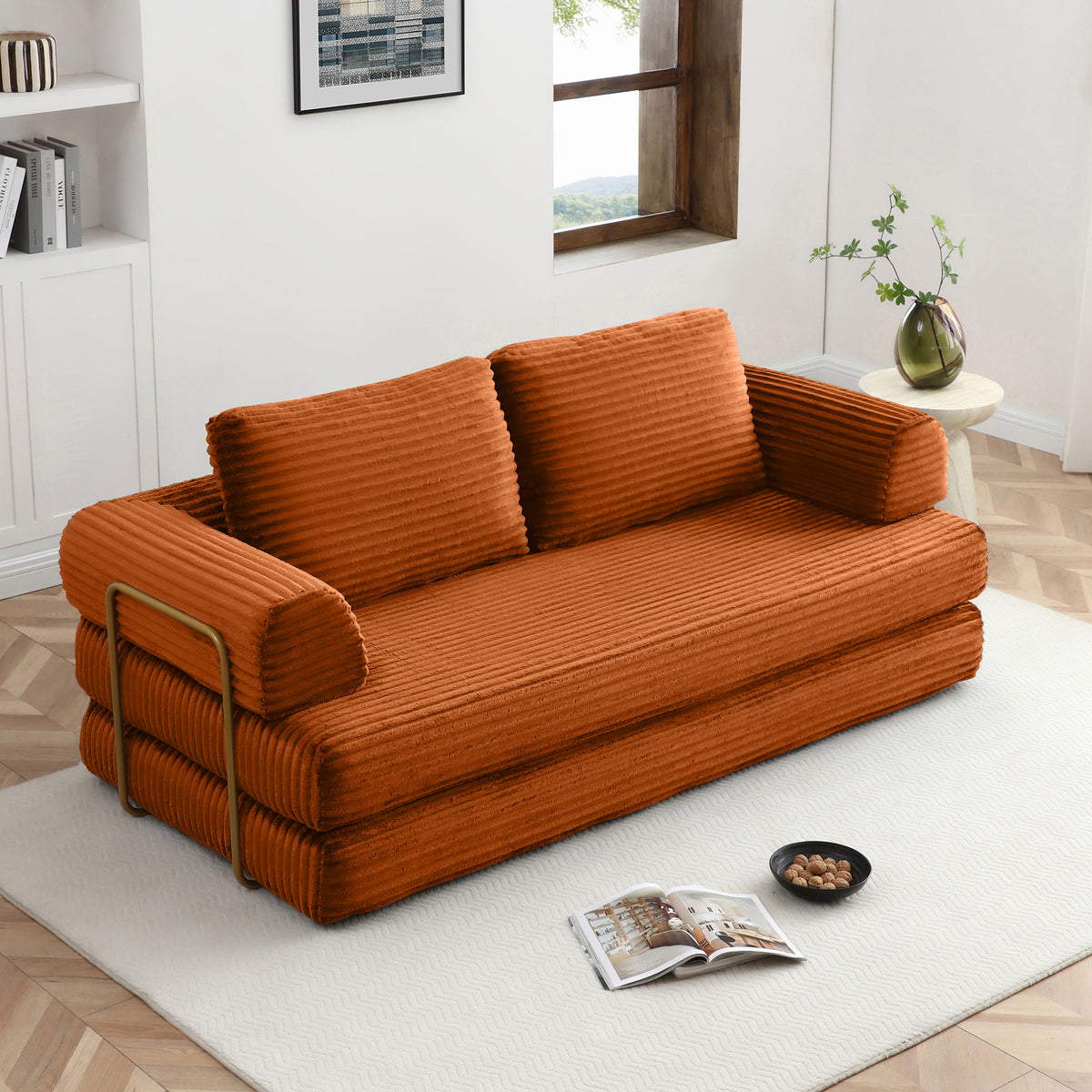 Vanress 79" Folding Convertible Sofa Bed, Boneless Couch with Fixed-Shape Frame, Corduroy Loveseat Sleeper with Pull Out Bed, Floor Sofa Modular Futon Couch for Living Room Bedroom, Green