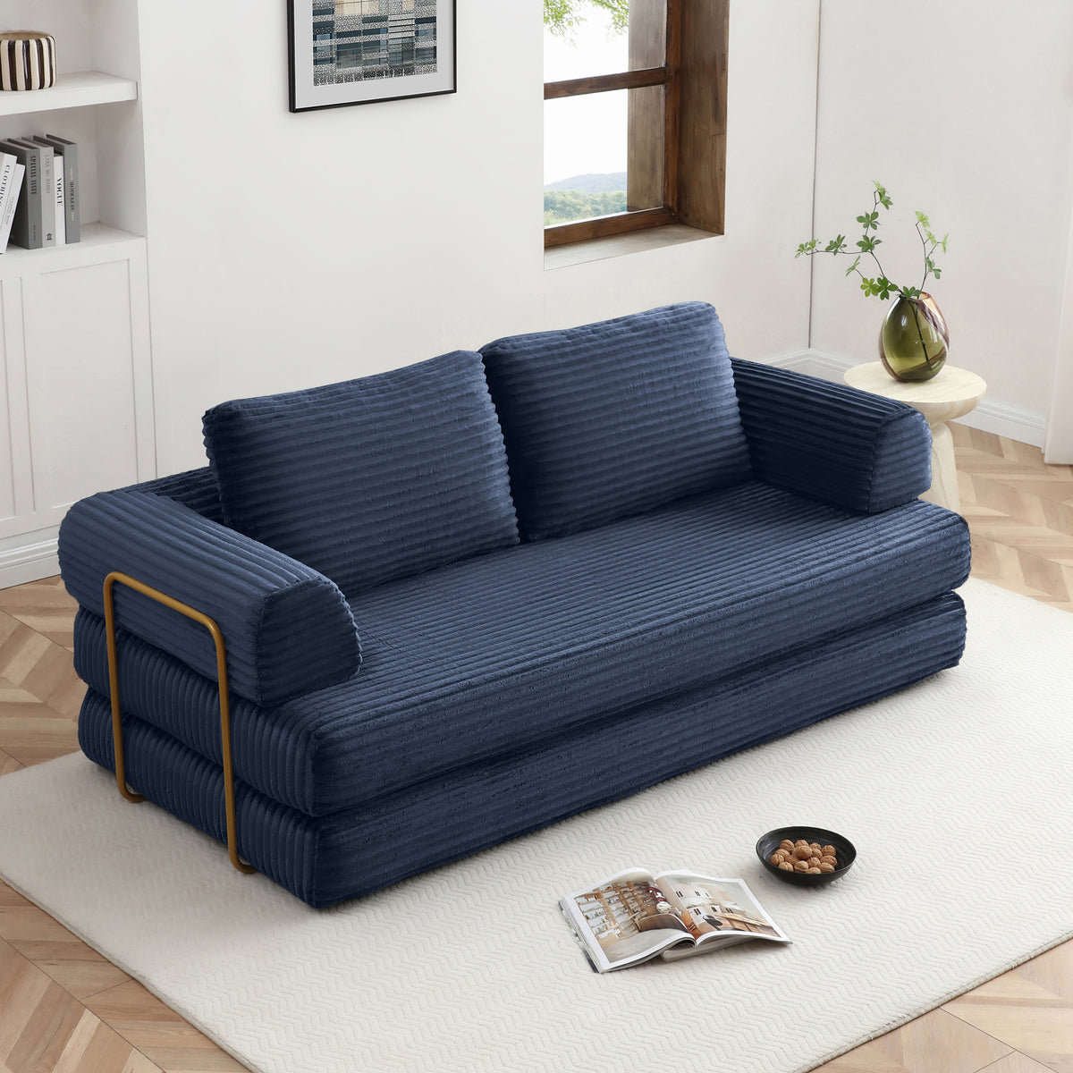 Vanress 79" Folding Convertible Sofa Bed, Boneless Couch with Fixed-Shape Frame, Corduroy Loveseat Sleeper with Pull Out Bed, Floor Sofa Modular Futon Couch for Living Room Bedroom, Green
