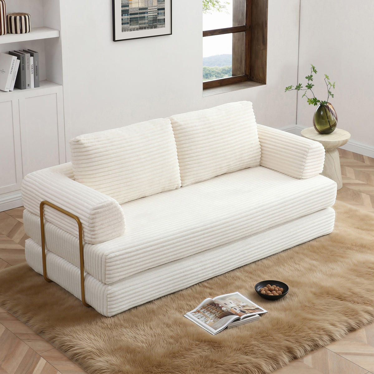 Vanress 79" Folding Convertible Sofa Bed, Boneless Couch with Fixed-Shape Frame, Corduroy Loveseat Sleeper with Pull Out Bed, Floor Sofa Modular Futon Couch for Living Room Bedroom, Green